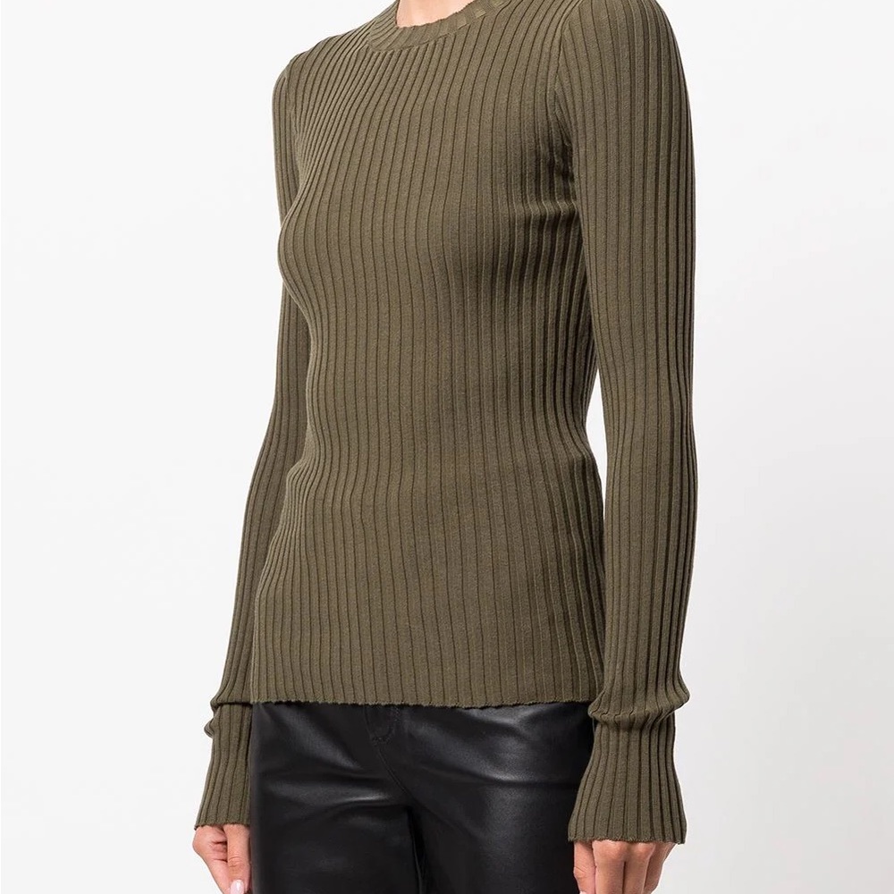Anine Bing Cecily Rib Knit Top, LARGE, Olive Green
